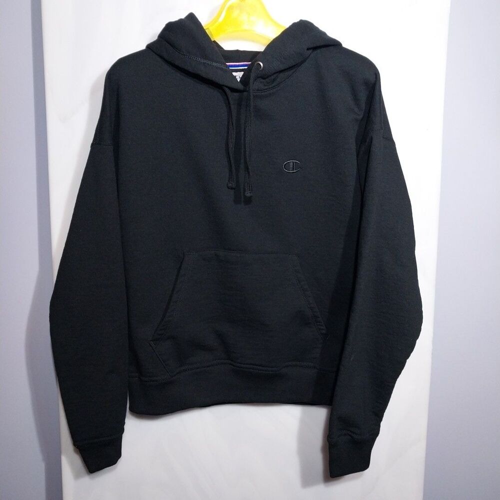 Champion Womens Small Black Fleece Pullover Hoodie Logo Sweatshirt Athleisure